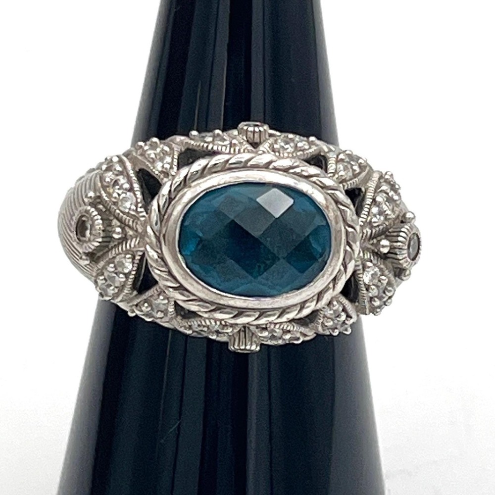 Judith Ripka‎ Diamonique London Blue Topaz Ring 925 Sterling Silver Size 7